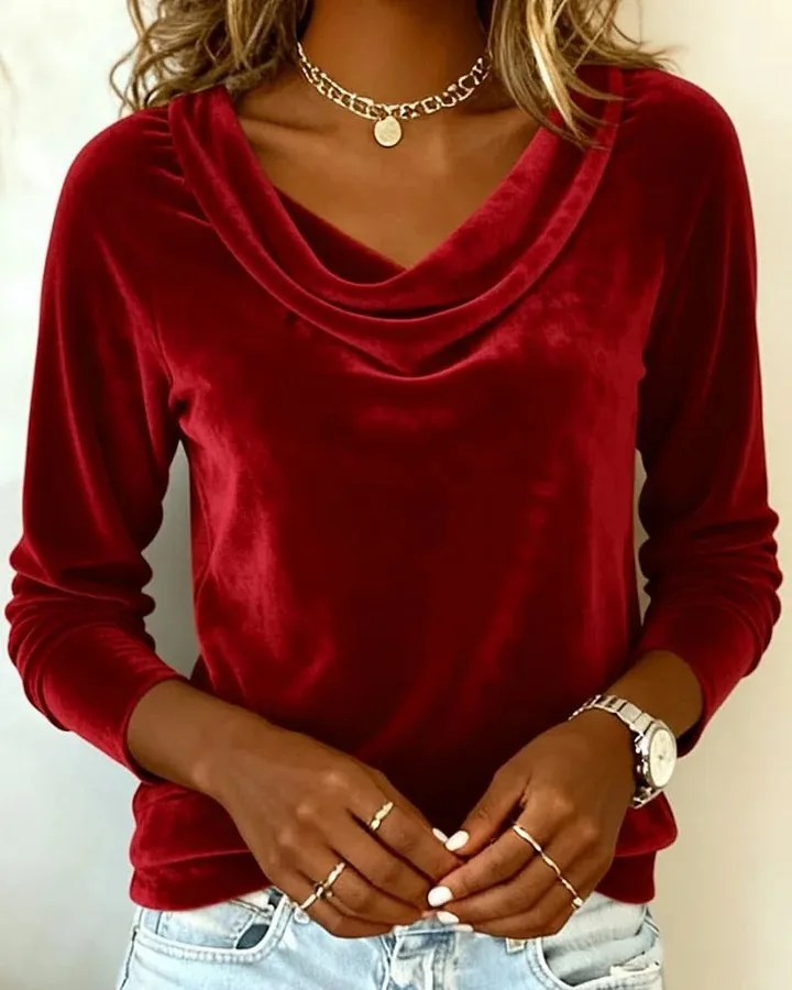 Woman's Casual Gold Velvet Top Spring Autumn Fashion Solid Swing Collar Long-sleeved Loose Tops Daily Versatile Ladies Blouses
