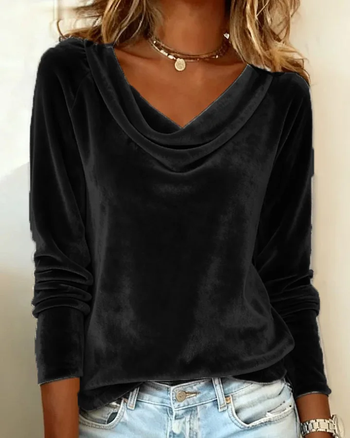 Woman's Casual Gold Velvet Top Spring Autumn Fashion Solid Swing Collar Long-sleeved Loose Tops Daily Versatile Ladies Blouses