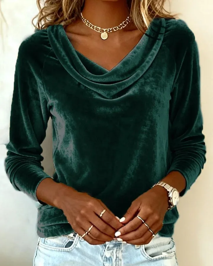 Woman's Casual Gold Velvet Top Spring Autumn Fashion Solid Swing Collar Long-sleeved Loose Tops Daily Versatile Ladies Blouses