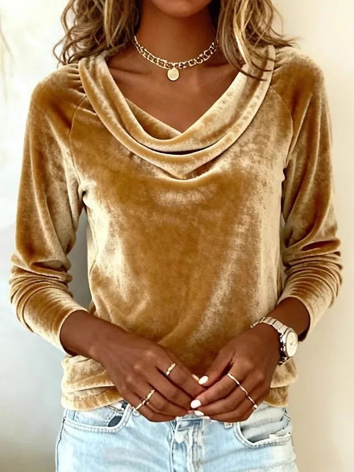 Woman's Casual Gold Velvet Top Spring Autumn Fashion Solid Swing Collar Long-sleeved Loose Tops Daily Versatile Ladies Blouses