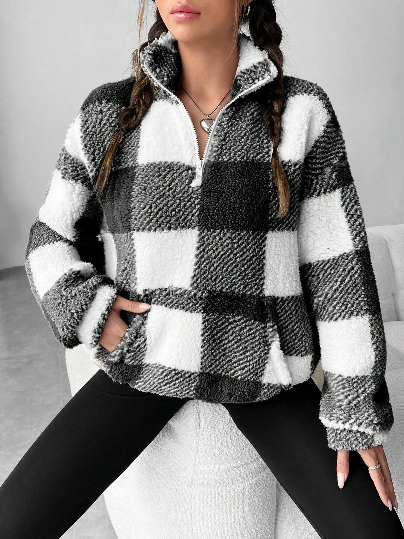 Fashion Short Checkered Semi-open Collar Plush Women's Hoodie New Autumn Winter Casual Warm Versatile Female Long-sleeved Hoodie