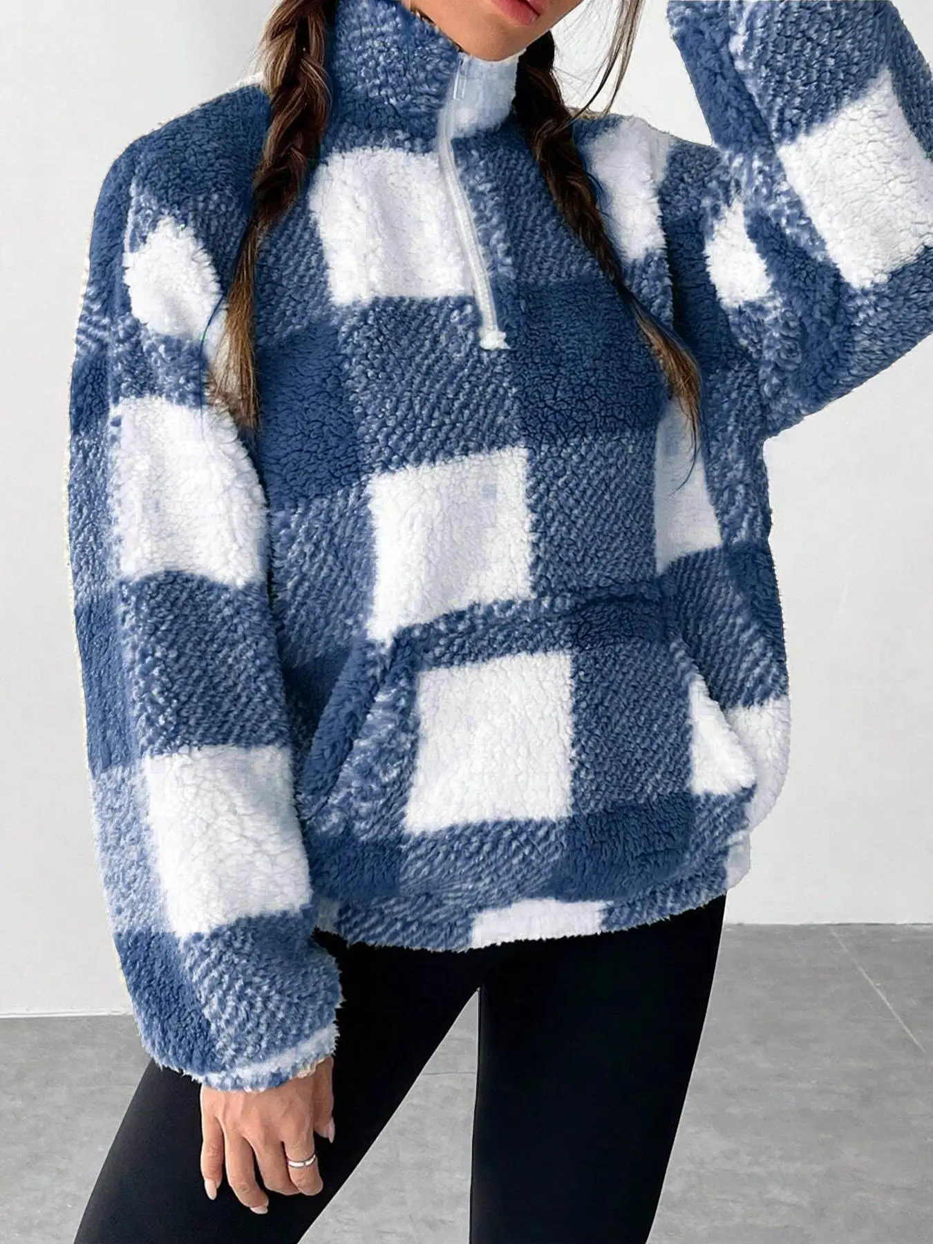 Fashion Short Checkered Semi-open Collar Plush Women's Hoodie New Autumn Winter Casual Warm Versatile Female Long-sleeved Hoodie