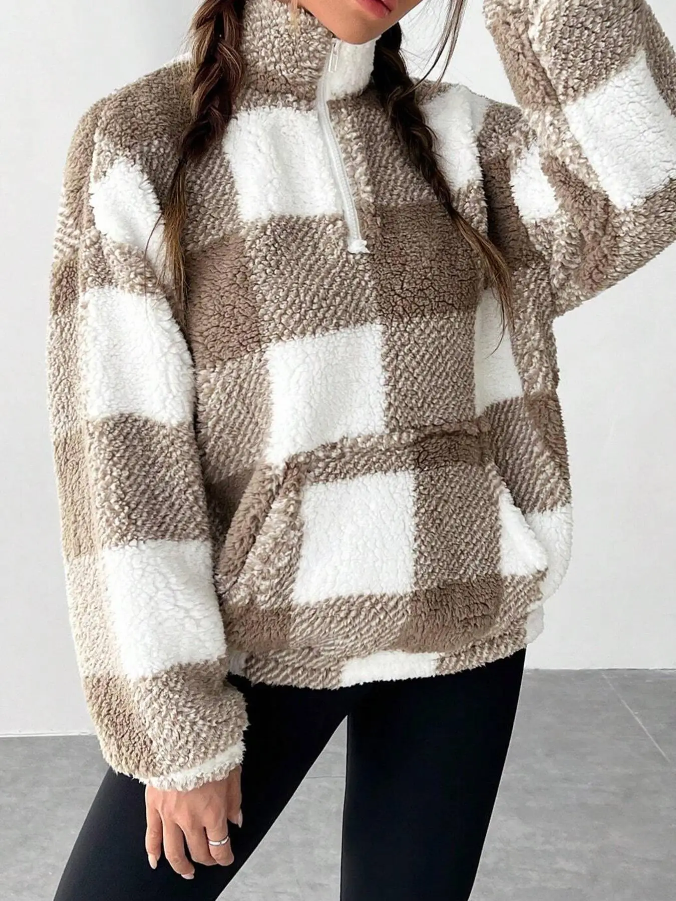 Fashion Short Checkered Semi-open Collar Plush Women's Hoodie New Autumn Winter Casual Warm Versatile Female Long-sleeved Hoodie