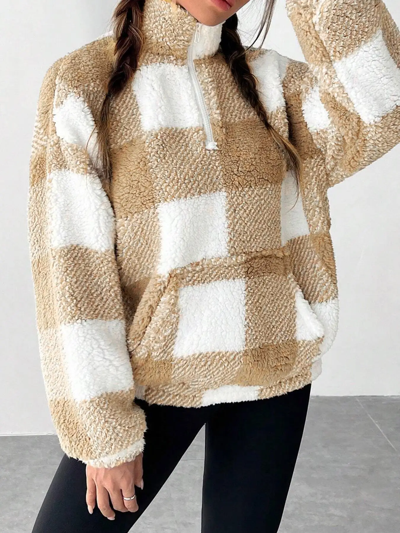 Fashion Short Checkered Semi-open Collar Plush Women's Hoodie New Autumn Winter Casual Warm Versatile Female Long-sleeved Hoodie
