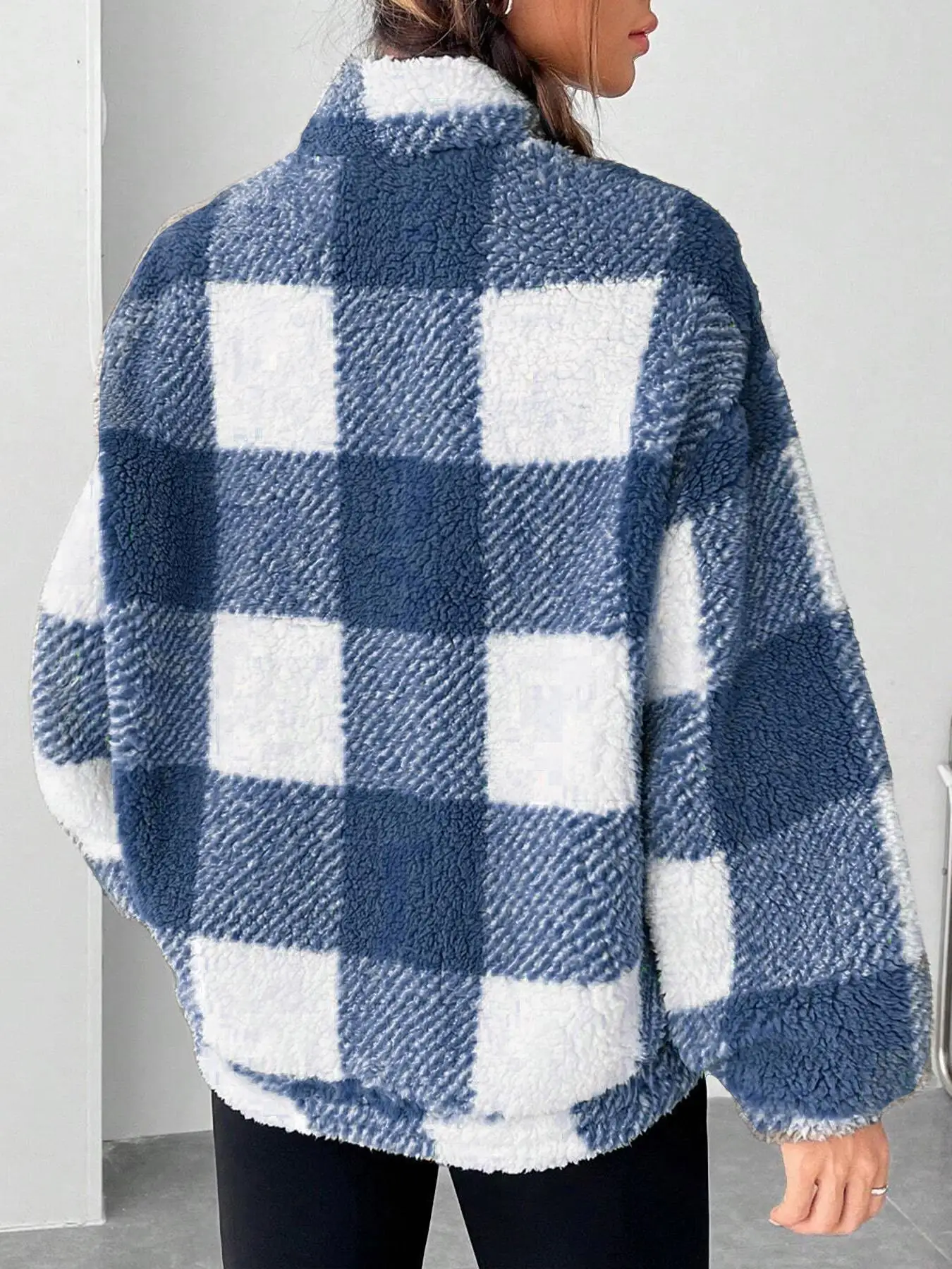 Fashion Short Checkered Semi-open Collar Plush Women's Hoodie New Autumn Winter Casual Warm Versatile Female Long-sleeved Hoodie
