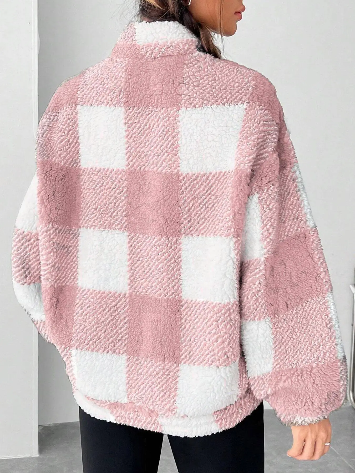 Fashion Short Checkered Semi-open Collar Plush Women's Hoodie New Autumn Winter Casual Warm Versatile Female Long-sleeved Hoodie