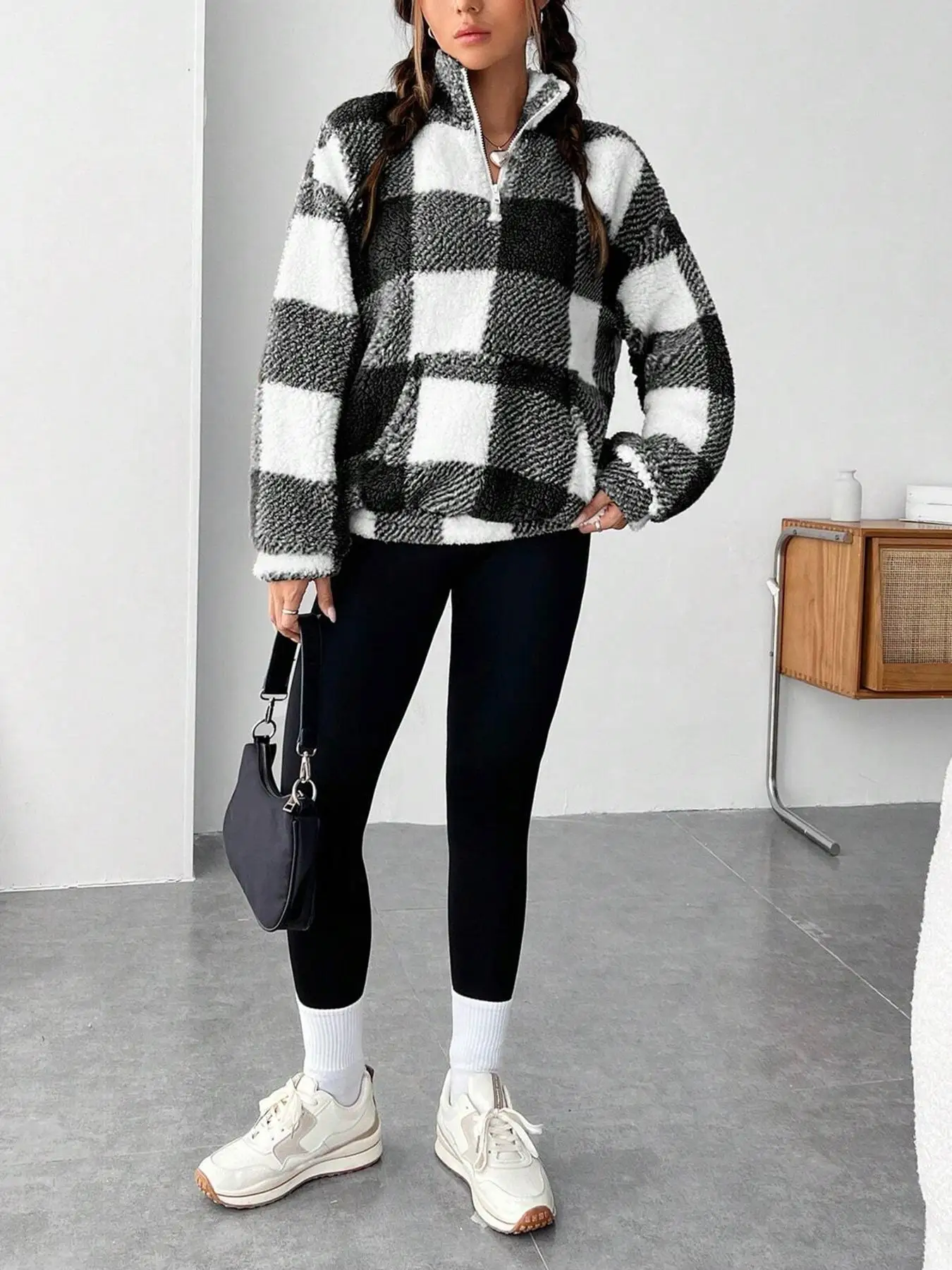 Fashion Short Checkered Semi-open Collar Plush Women's Hoodie New Autumn Winter Casual Warm Versatile Female Long-sleeved Hoodie