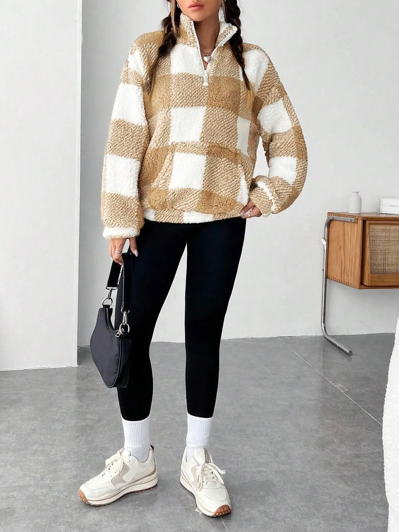 Fashion Short Checkered Semi-open Collar Plush Women's Hoodie New Autumn Winter Casual Warm Versatile Female Long-sleeved Hoodie