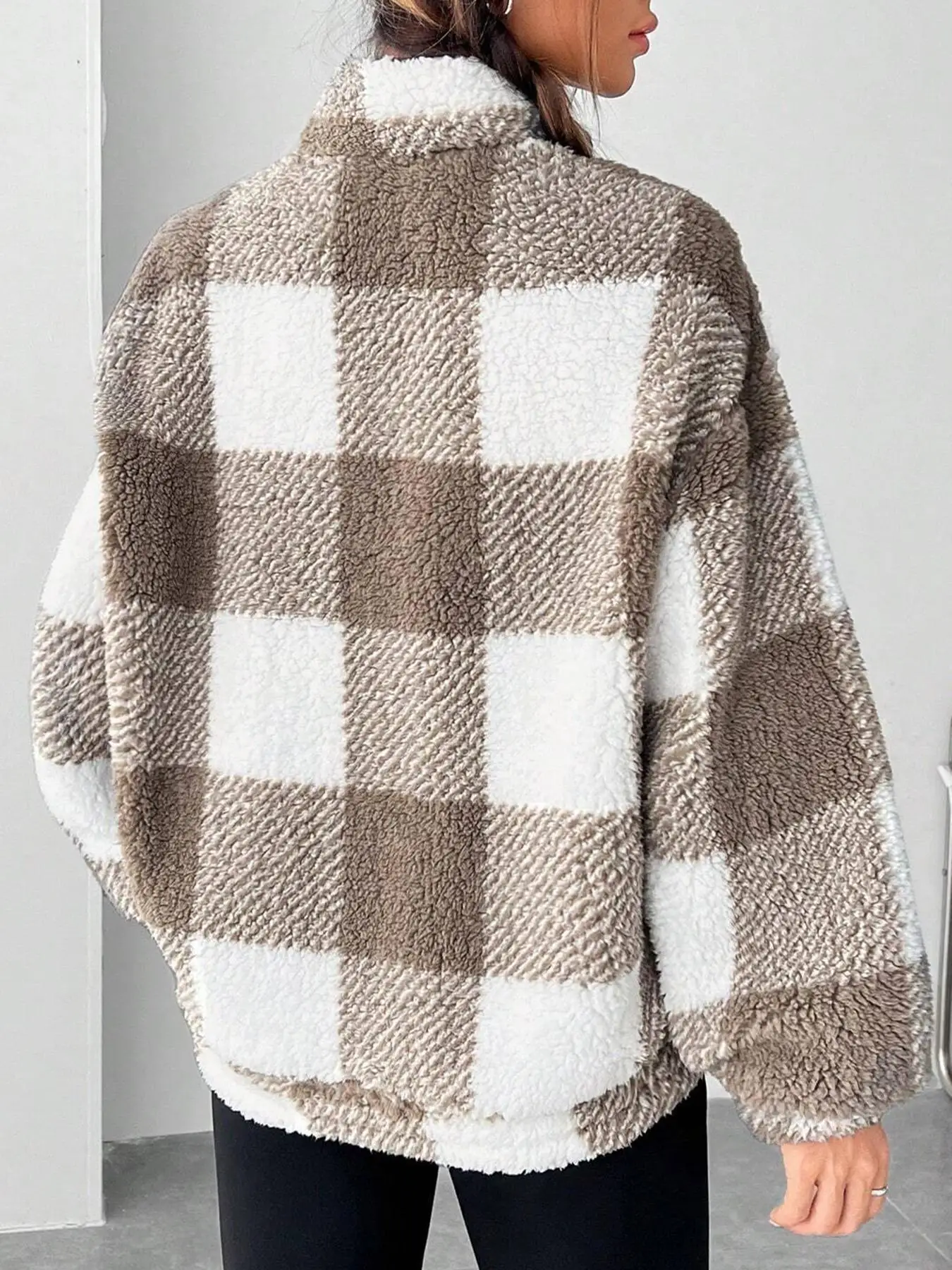 Fashion Short Checkered Semi-open Collar Plush Women's Hoodie New Autumn Winter Casual Warm Versatile Female Long-sleeved Hoodie