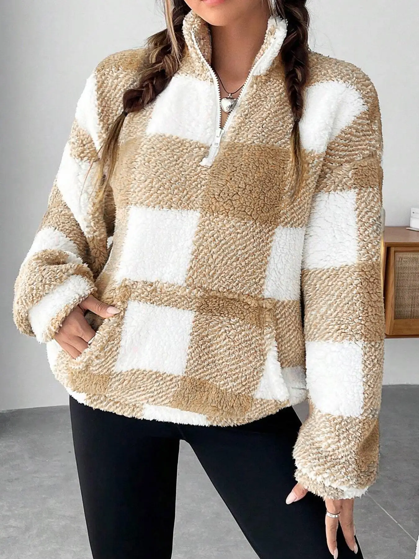 Fashion Short Checkered Semi-open Collar Plush Women's Hoodie New Autumn Winter Casual Warm Versatile Female Long-sleeved Hoodie