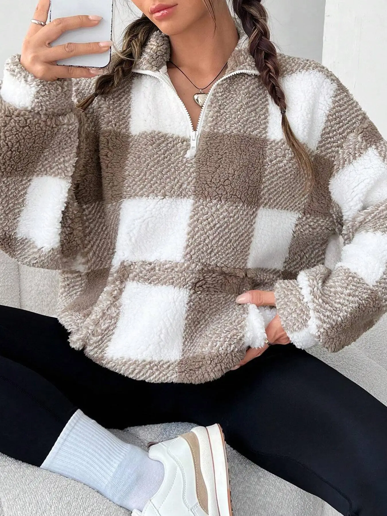 Fashion Short Checkered Semi-open Collar Plush Women's Hoodie New Autumn Winter Casual Warm Versatile Female Long-sleeved Hoodie