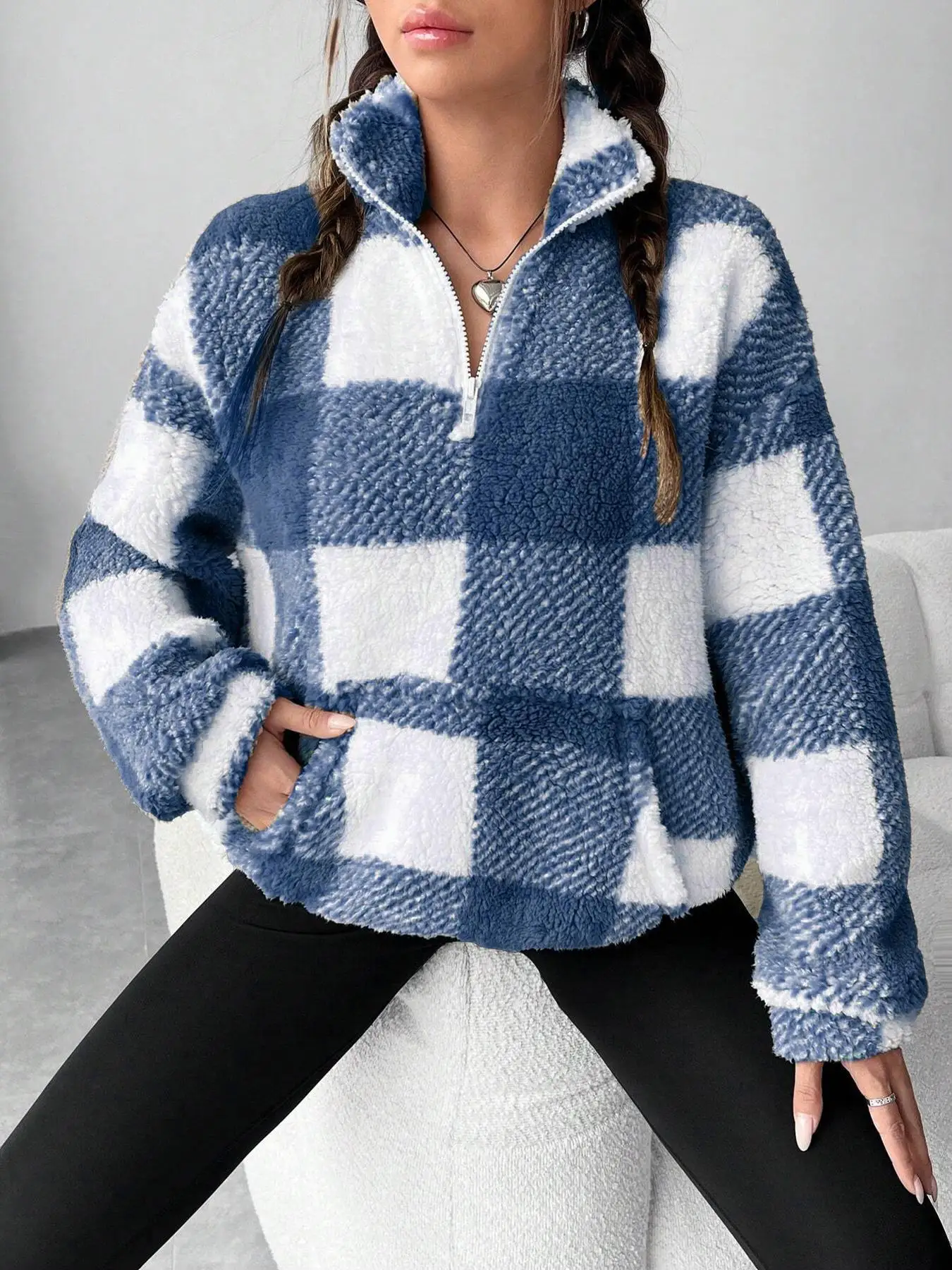 Fashion Short Checkered Semi-open Collar Plush Women's Hoodie New Autumn Winter Casual Warm Versatile Female Long-sleeved Hoodie
