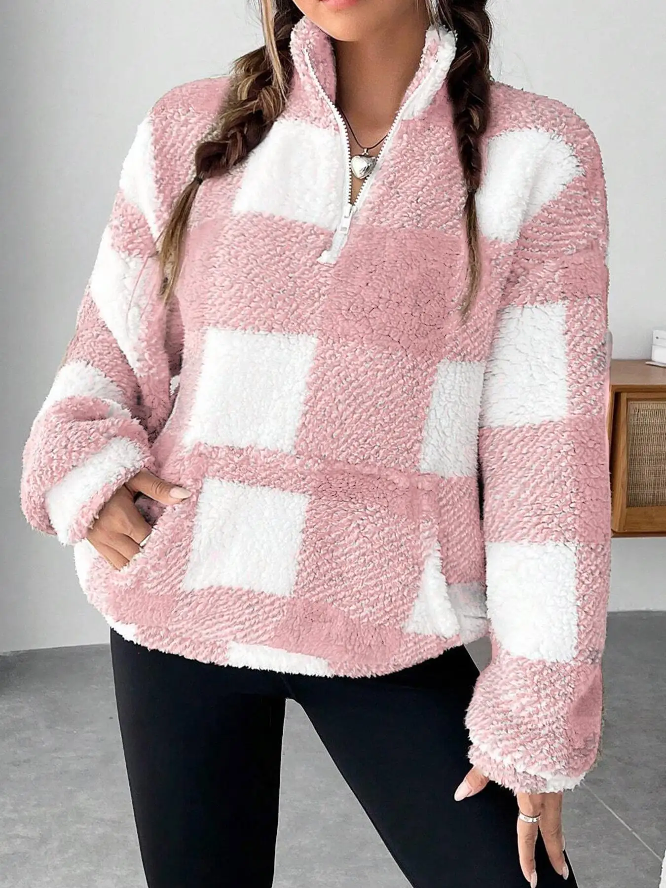 Fashion Short Checkered Semi-open Collar Plush Women's Hoodie New Autumn Winter Casual Warm Versatile Female Long-sleeved Hoodie