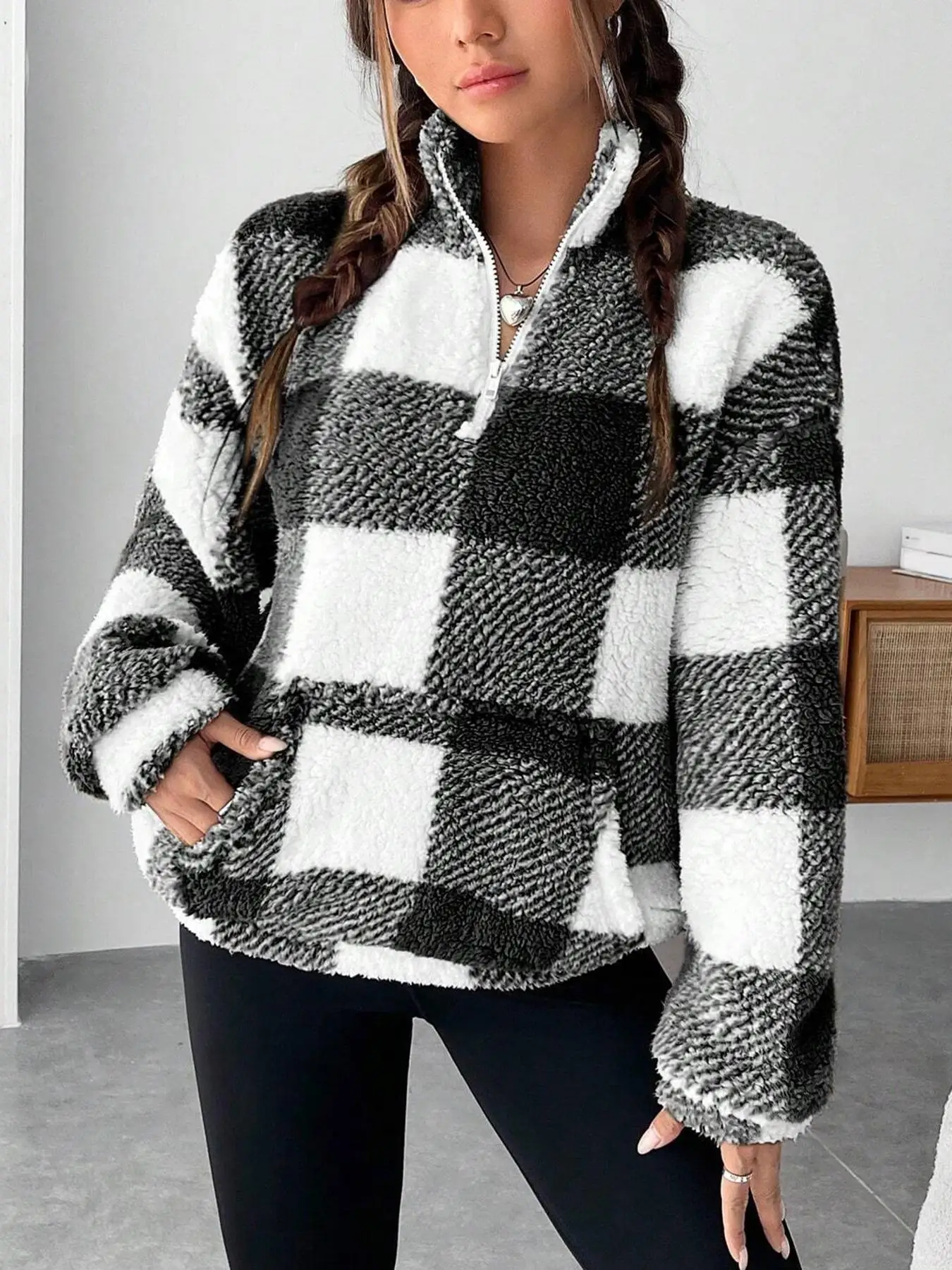 Fashion Short Checkered Semi-open Collar Plush Women's Hoodie New Autumn Winter Casual Warm Versatile Female Long-sleeved Hoodie
