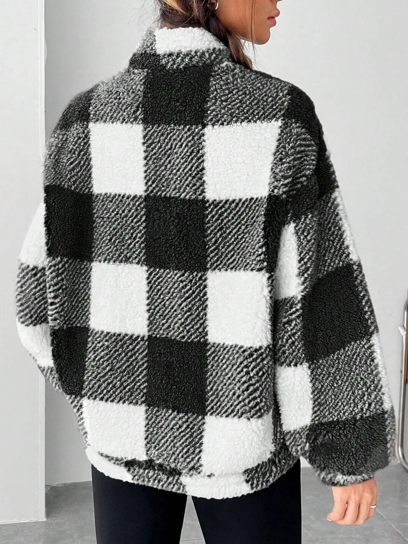 Fashion Short Checkered Semi-open Collar Plush Women's Hoodie New Autumn Winter Casual Warm Versatile Female Long-sleeved Hoodie
