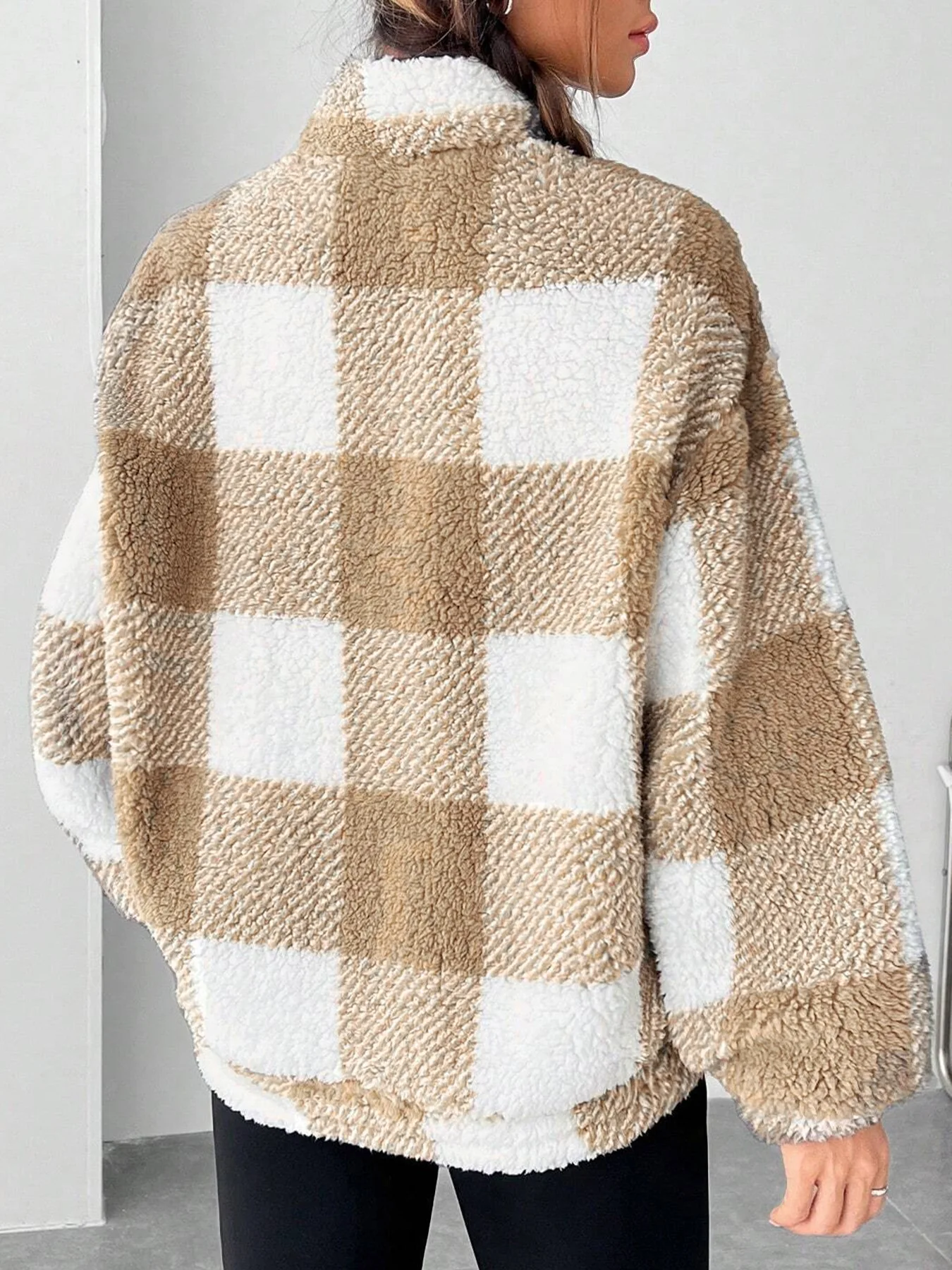 Fashion Short Checkered Semi-open Collar Plush Women's Hoodie New Autumn Winter Casual Warm Versatile Female Long-sleeved Hoodie