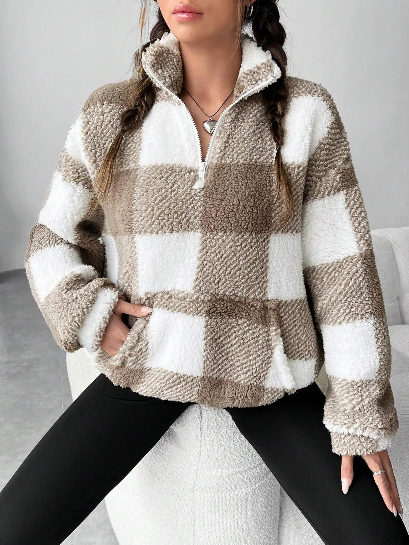 Fashion Short Checkered Semi-open Collar Plush Women's Hoodie New Autumn Winter Casual Warm Versatile Female Long-sleeved Hoodie