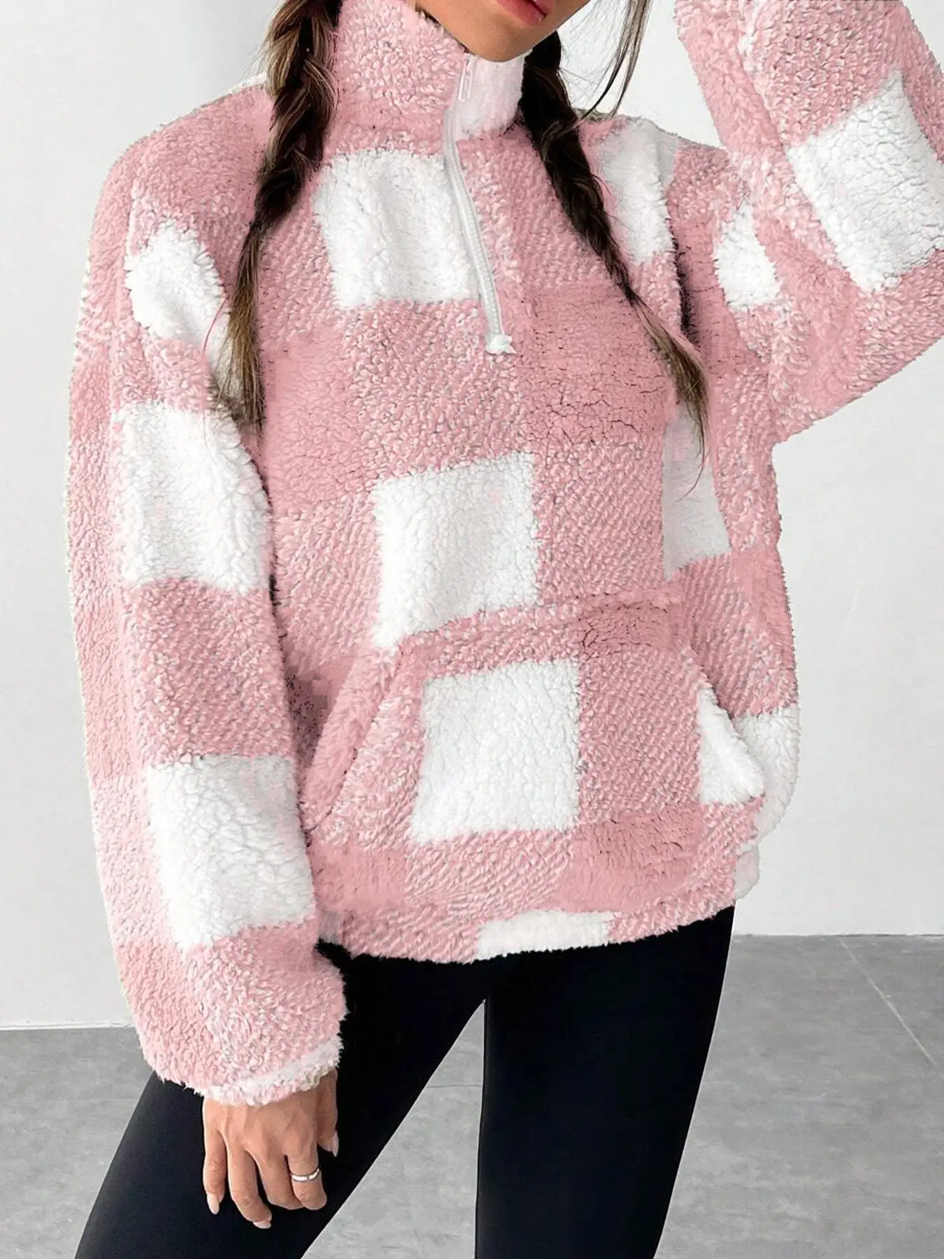 Fashion Short Checkered Semi-open Collar Plush Women's Hoodie New Autumn Winter Casual Warm Versatile Female Long-sleeved Hoodie