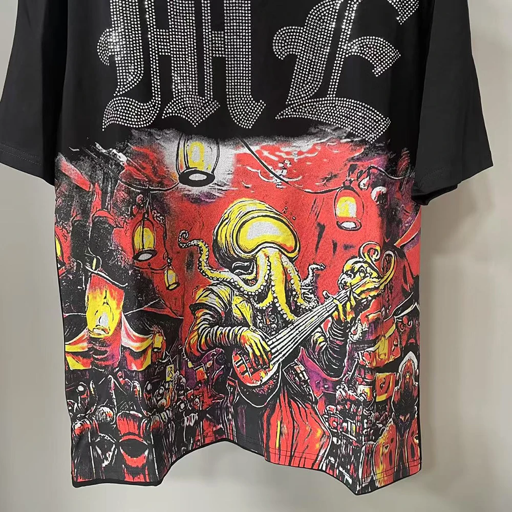 Mixed Emotion Streetwear Summer Angel Baby Rhinestone Loose Pure Cotton Shiirt for Men Women Hip Hop Tops