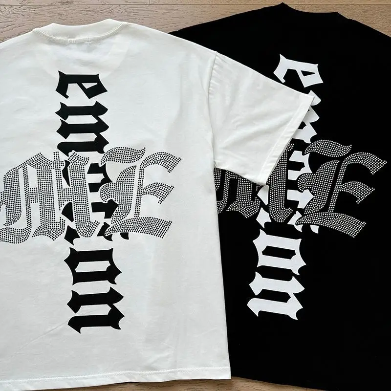 Mixed Emotion Streetwear Summer Angel Baby Rhinestone Loose Pure Cotton Shiirt for Men Women Hip Hop Tops