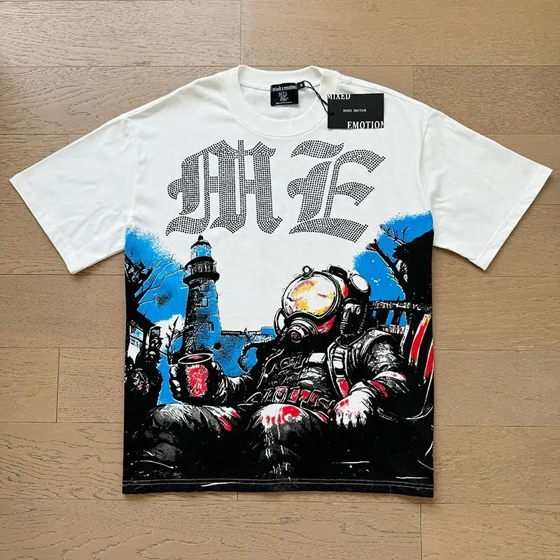 Mixed Emotion Streetwear Summer Angel Baby Rhinestone Loose Pure Cotton Shiirt for Men Women Hip Hop Tops