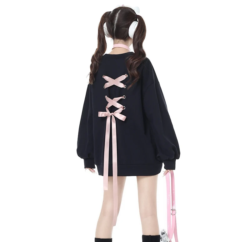 Sweet Bow Ribbon Ties Sweatshirt Women Chic Love Embroidery Y2K Loose Pullover Autumn Casual O Neck Long Sleeve Jumper Tops New