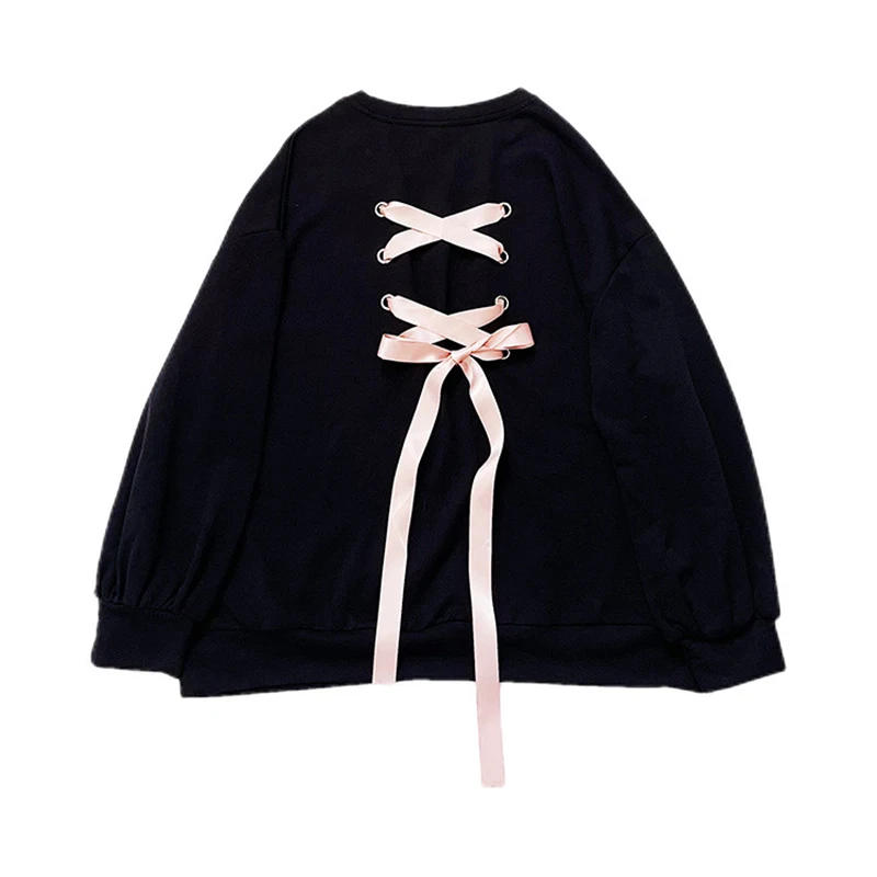 Sweet Bow Ribbon Ties Sweatshirt Women Chic Love Embroidery Y2K Loose Pullover Autumn Casual O Neck Long Sleeve Jumper Tops New