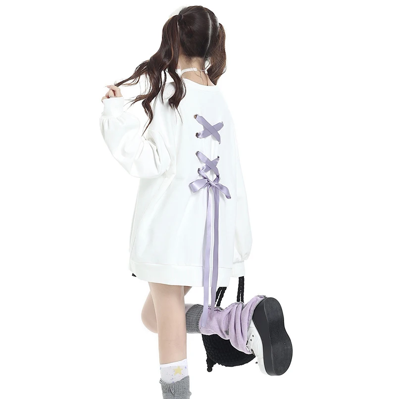 Sweet Bow Ribbon Ties Sweatshirt Women Chic Love Embroidery Y2K Loose Pullover Autumn Casual O Neck Long Sleeve Jumper Tops New