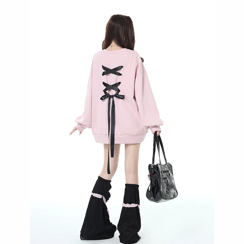 Sweet Bow Ribbon Ties Sweatshirt Women Chic Love Embroidery Y2K Loose Pullover Autumn Casual O Neck Long Sleeve Jumper Tops New