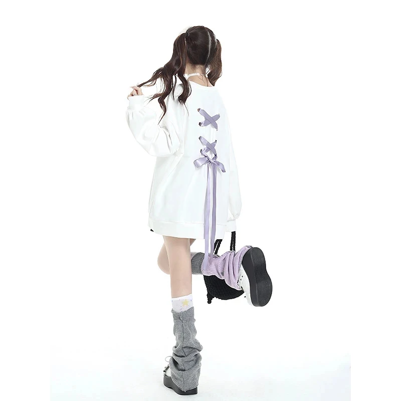 Sweet Bow Ribbon Ties Sweatshirt Women Chic Love Embroidery Y2K Loose Pullover Autumn Casual O Neck Long Sleeve Jumper Tops New