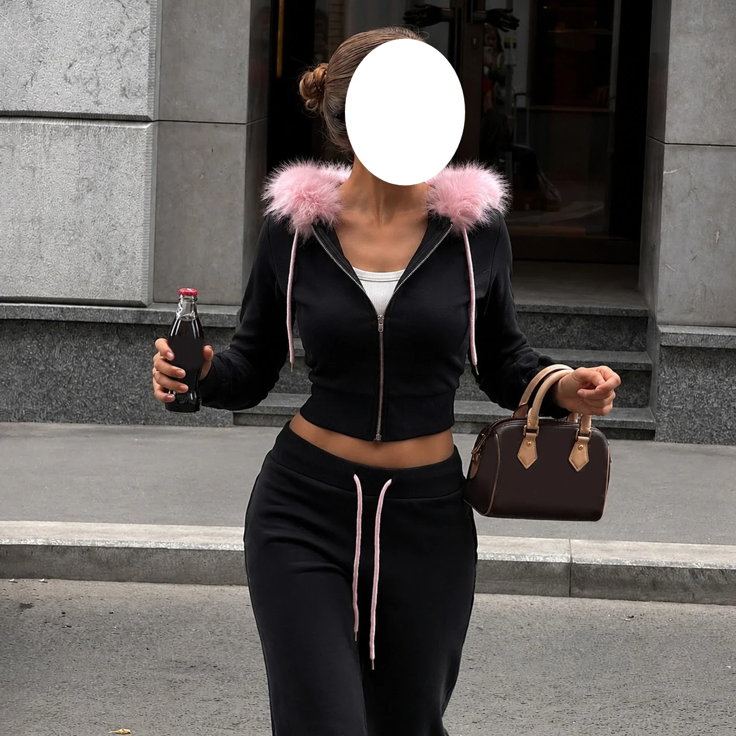 Women Cropped Hoodie sweatshirts Sexy Slim Chic Fur Collar Cardigan Sweatshirt Elastic Waist Drawstring Pants French Streetwear