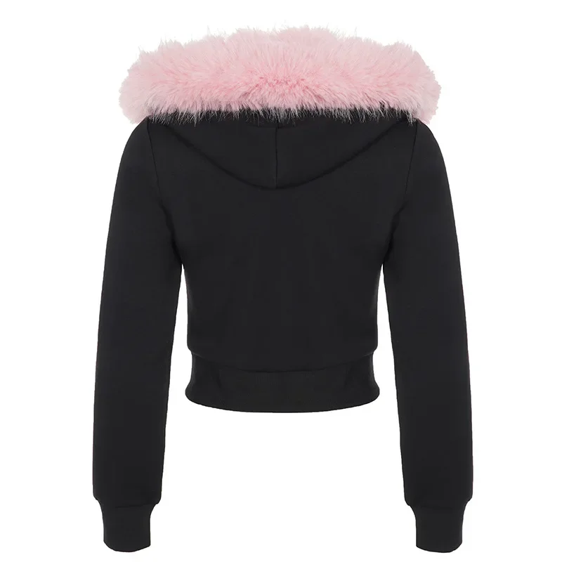 Women Cropped Hoodie sweatshirts Sexy Slim Chic Fur Collar Cardigan Sweatshirt Elastic Waist Drawstring Pants French Streetwear