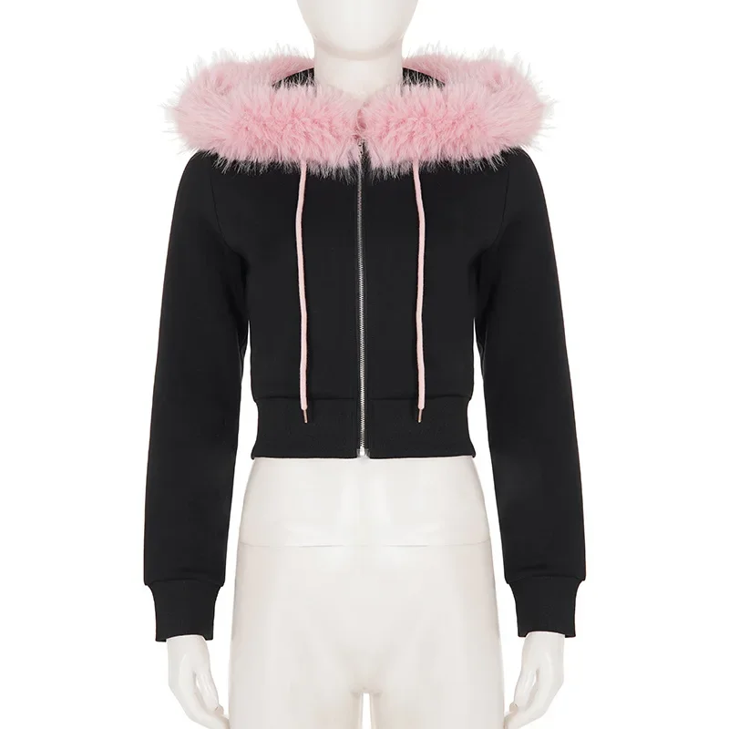 Women Cropped Hoodie sweatshirts Sexy Slim Chic Fur Collar Cardigan Sweatshirt Elastic Waist Drawstring Pants French Streetwear