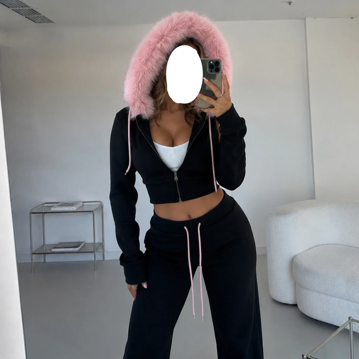 Women Cropped Hoodie sweatshirts Sexy Slim Chic Fur Collar Cardigan Sweatshirt Elastic Waist Drawstring Pants French Streetwear