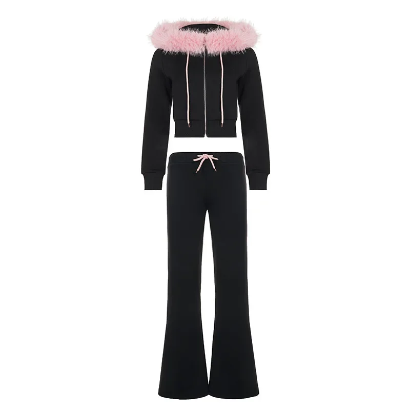 Women Cropped Hoodie sweatshirts Sexy Slim Chic Fur Collar Cardigan Sweatshirt Elastic Waist Drawstring Pants French Streetwear