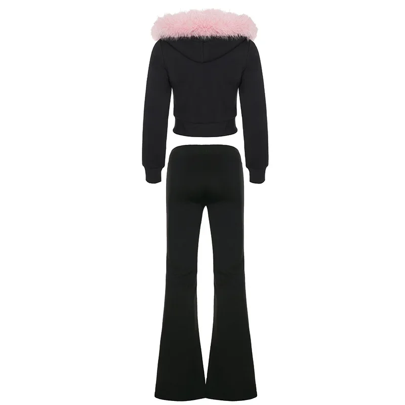 Women Cropped Hoodie sweatshirts Sexy Slim Chic Fur Collar Cardigan Sweatshirt Elastic Waist Drawstring Pants French Streetwear