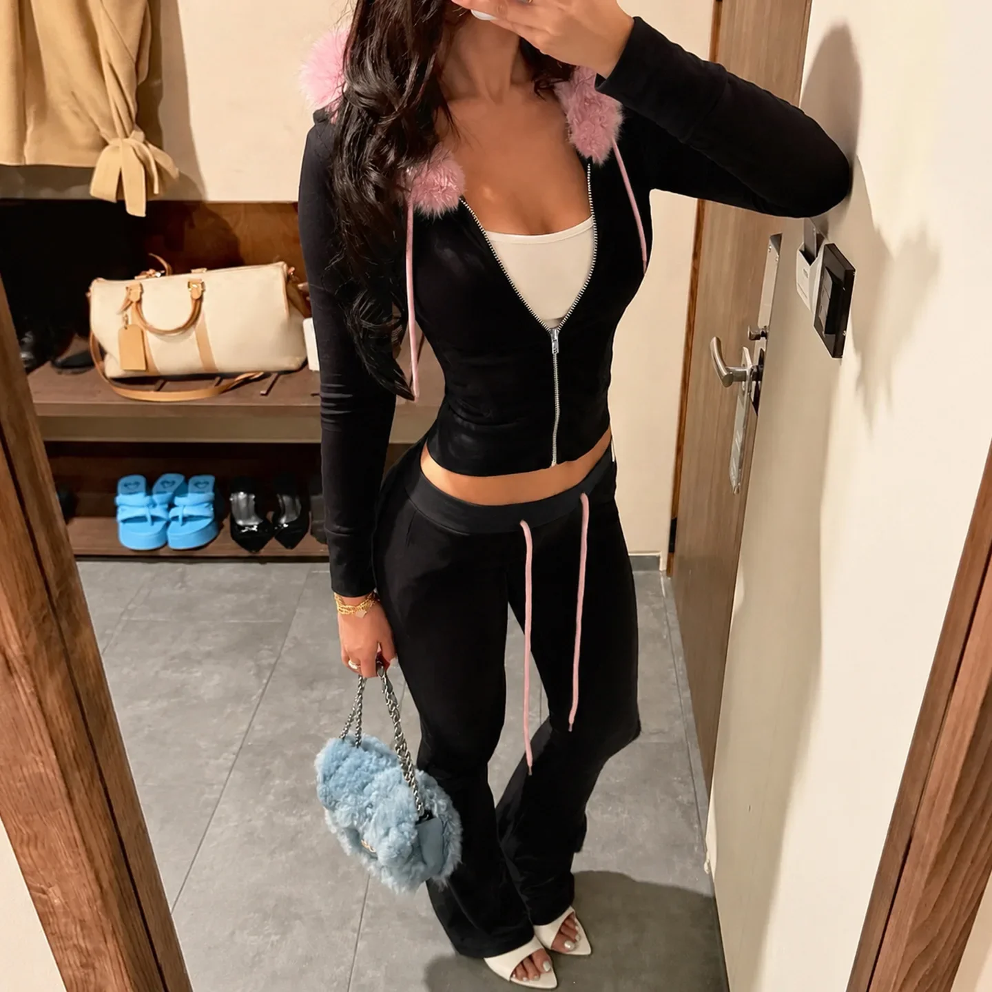 Women Cropped Hoodie sweatshirts Sexy Slim Chic Fur Collar Cardigan Sweatshirt Elastic Waist Drawstring Pants French Streetwear