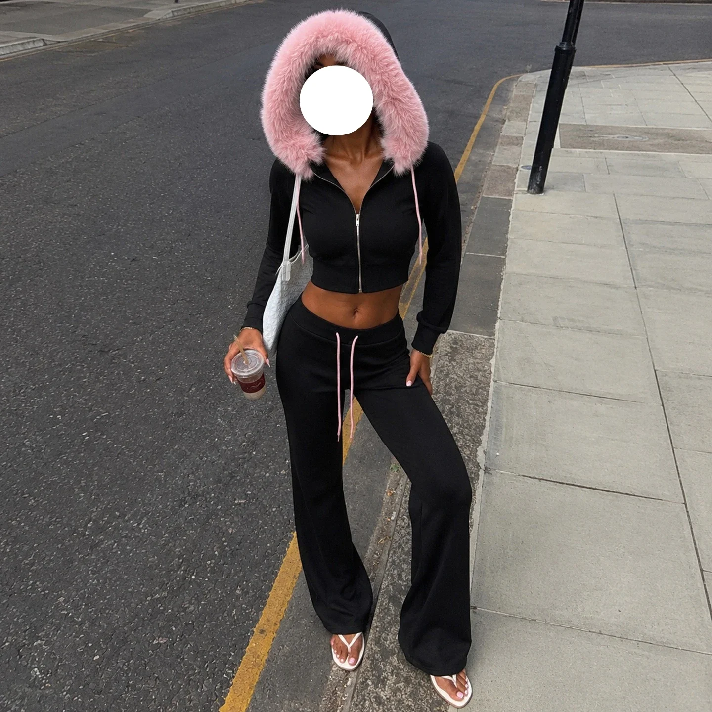 Women Cropped Hoodie sweatshirts Sexy Slim Chic Fur Collar Cardigan Sweatshirt Elastic Waist Drawstring Pants French Streetwear