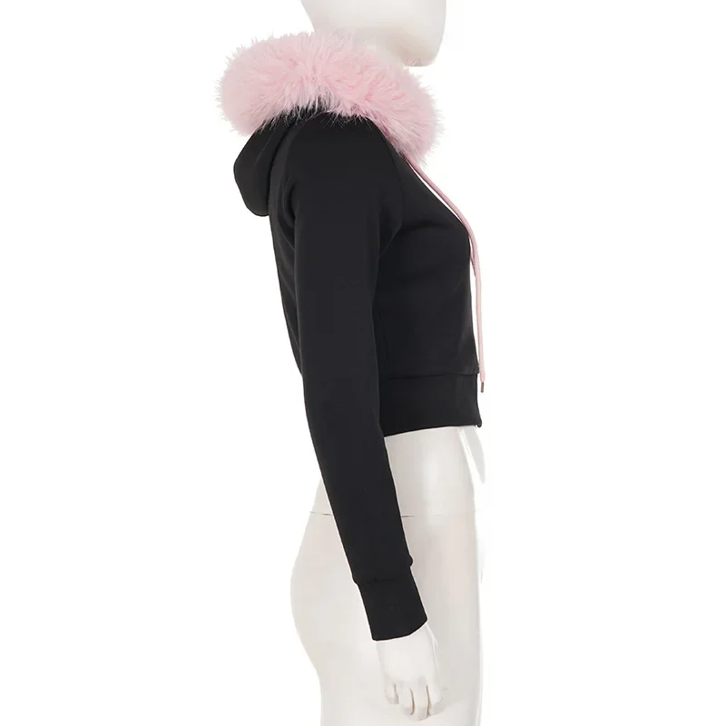 Women Cropped Hoodie sweatshirts Sexy Slim Chic Fur Collar Cardigan Sweatshirt Elastic Waist Drawstring Pants French Streetwear