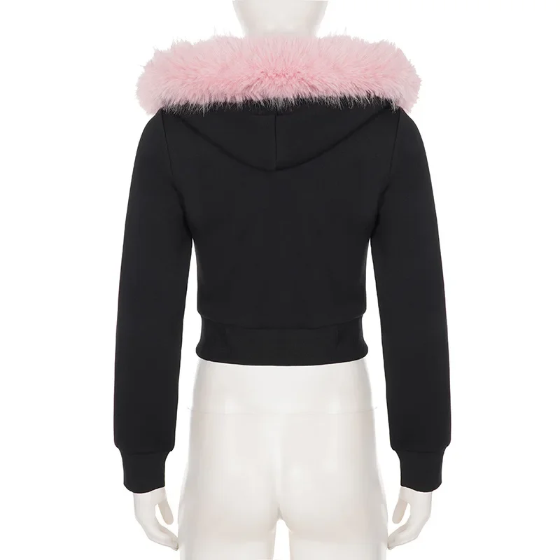 Women Cropped Hoodie sweatshirts Sexy Slim Chic Fur Collar Cardigan Sweatshirt Elastic Waist Drawstring Pants French Streetwear