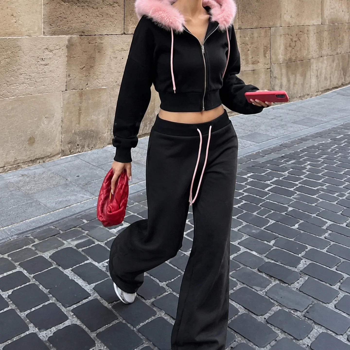 Women Cropped Hoodie sweatshirts Sexy Slim Chic Fur Collar Cardigan Sweatshirt Elastic Waist Drawstring Pants French Streetwear