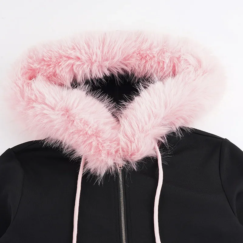 Women Cropped Hoodie sweatshirts Sexy Slim Chic Fur Collar Cardigan Sweatshirt Elastic Waist Drawstring Pants French Streetwear