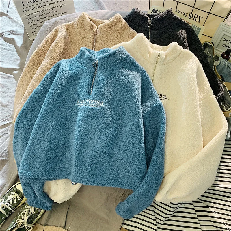 Letter Sweatshirts Women Half High Collar Hoodies Long Sleeve Pullover Pockets Loose Autumn Sports Slight Strech Draw String