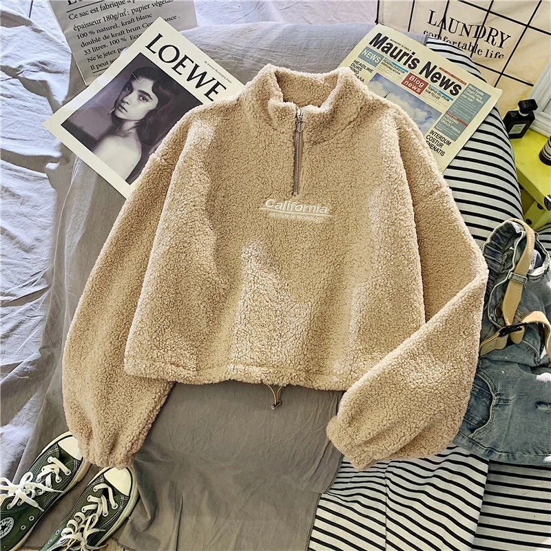 Letter Sweatshirts Women Half High Collar Hoodies Long Sleeve Pullover Pockets Loose Autumn Sports Slight Strech Draw String