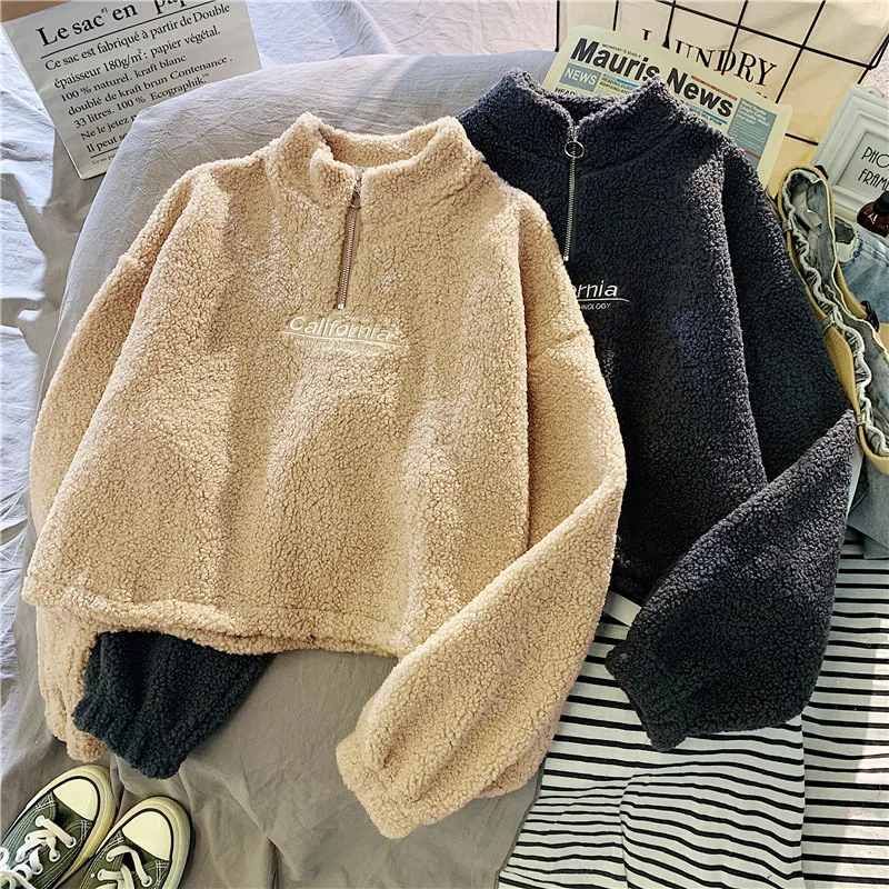 Letter Sweatshirts Women Half High Collar Hoodies Long Sleeve Pullover Pockets Loose Autumn Sports Slight Strech Draw String