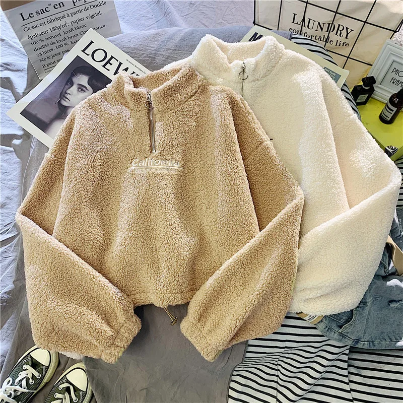 Letter Sweatshirts Women Half High Collar Hoodies Long Sleeve Pullover Pockets Loose Autumn Sports Slight Strech Draw String