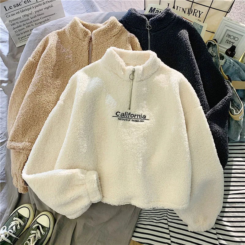 Letter Sweatshirts Women Half High Collar Hoodies Long Sleeve Pullover Pockets Loose Autumn Sports Slight Strech Draw String