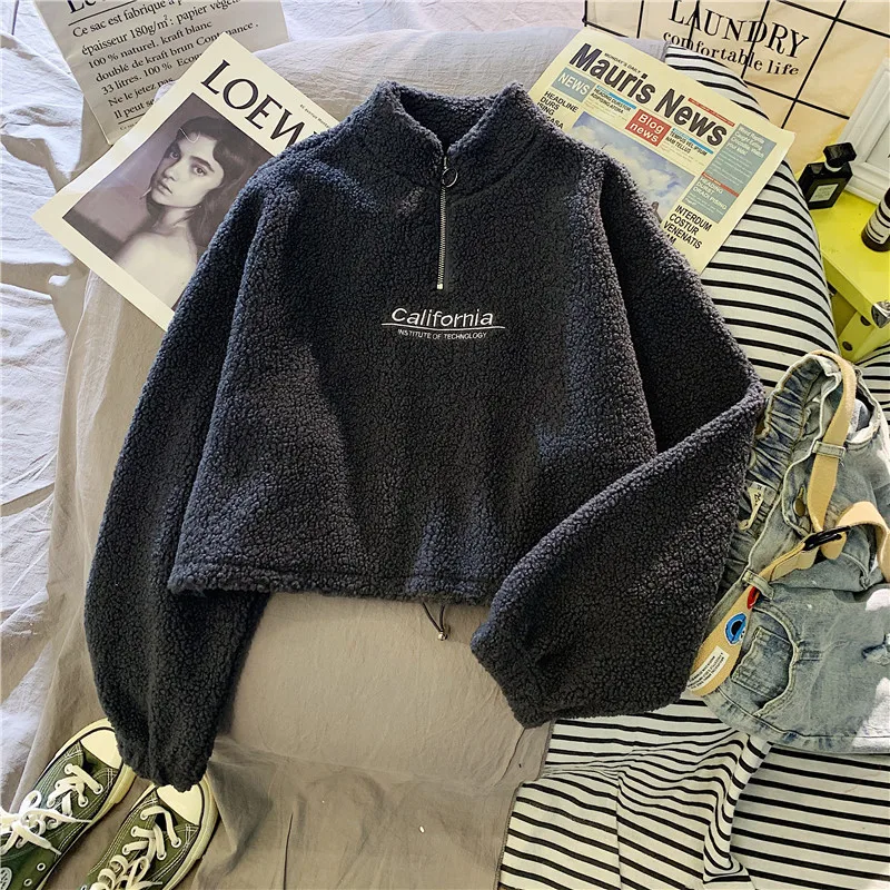 Letter Sweatshirts Women Half High Collar Hoodies Long Sleeve Pullover Pockets Loose Autumn Sports Slight Strech Draw String