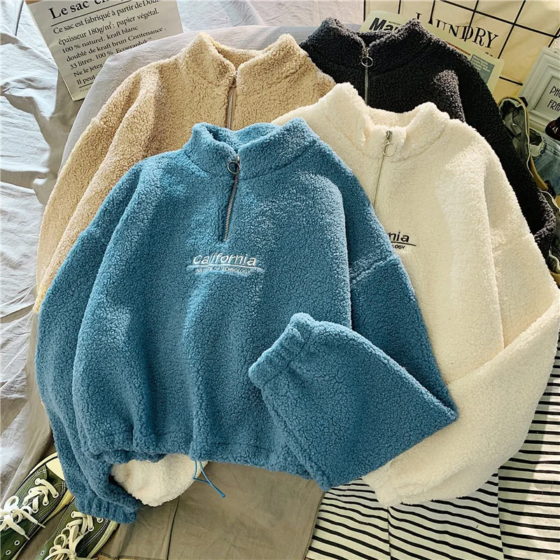 Letter Sweatshirts Women Half High Collar Hoodies Long Sleeve Pullover Pockets Loose Autumn Sports Slight Strech Draw String