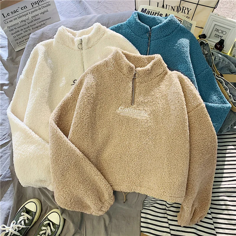 Letter Sweatshirts Women Half High Collar Hoodies Long Sleeve Pullover Pockets Loose Autumn Sports Slight Strech Draw String